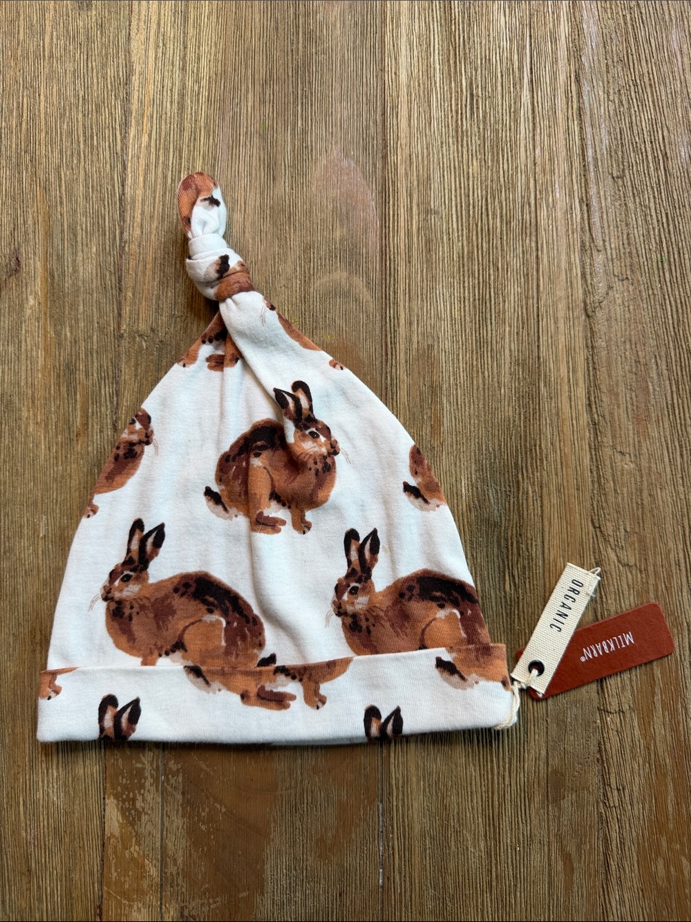 Milkbarn NWT White Knotted Baby Beanie with Brown Bunny Print 6-12M